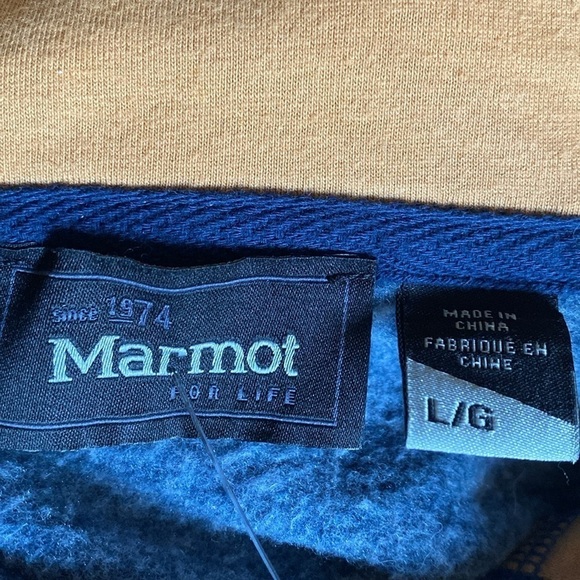 Marmot Women’s Graphic Hoody Sweatshirt outdoors Hiking Camping Warm Blue/Gold L - Picture 7 of 8